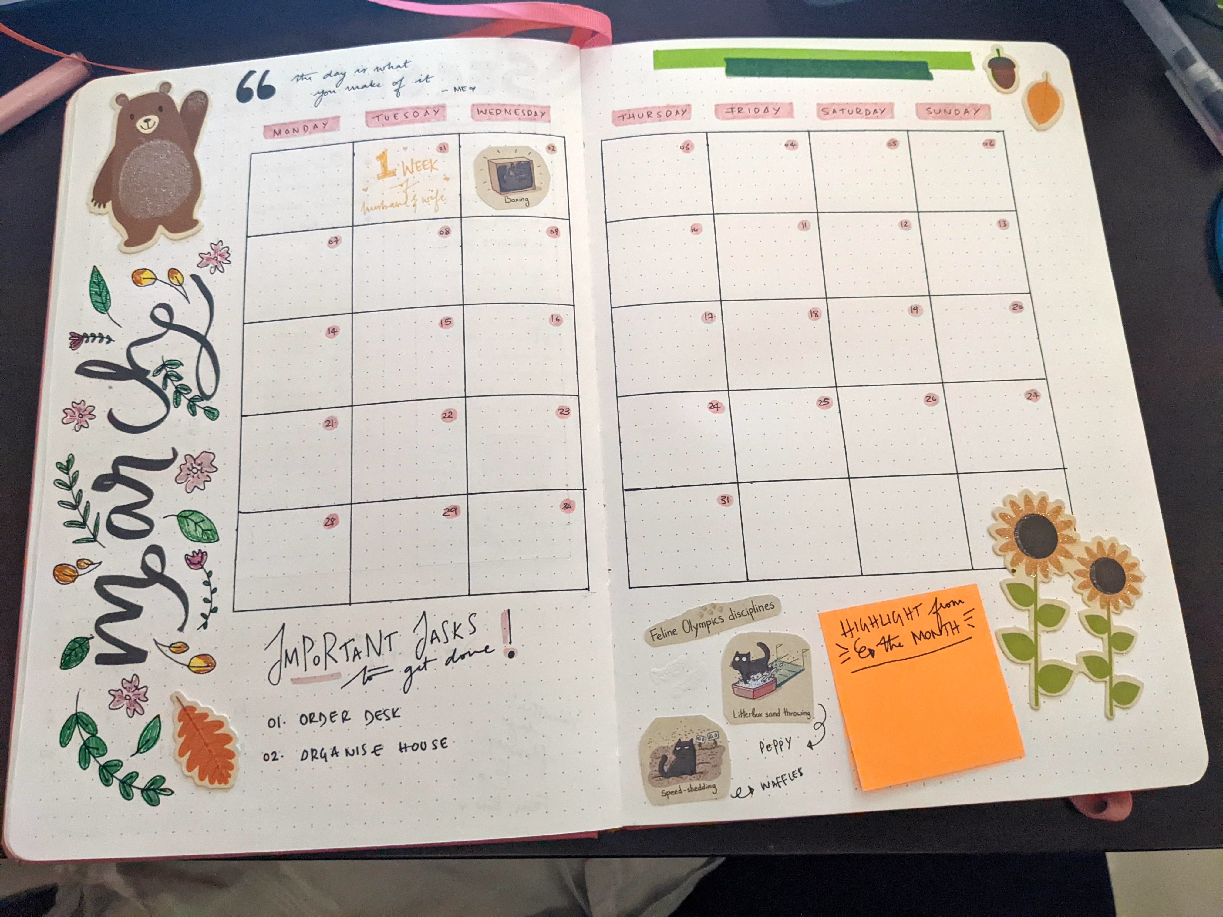 cute and simple bullet journal spread - monthly layout