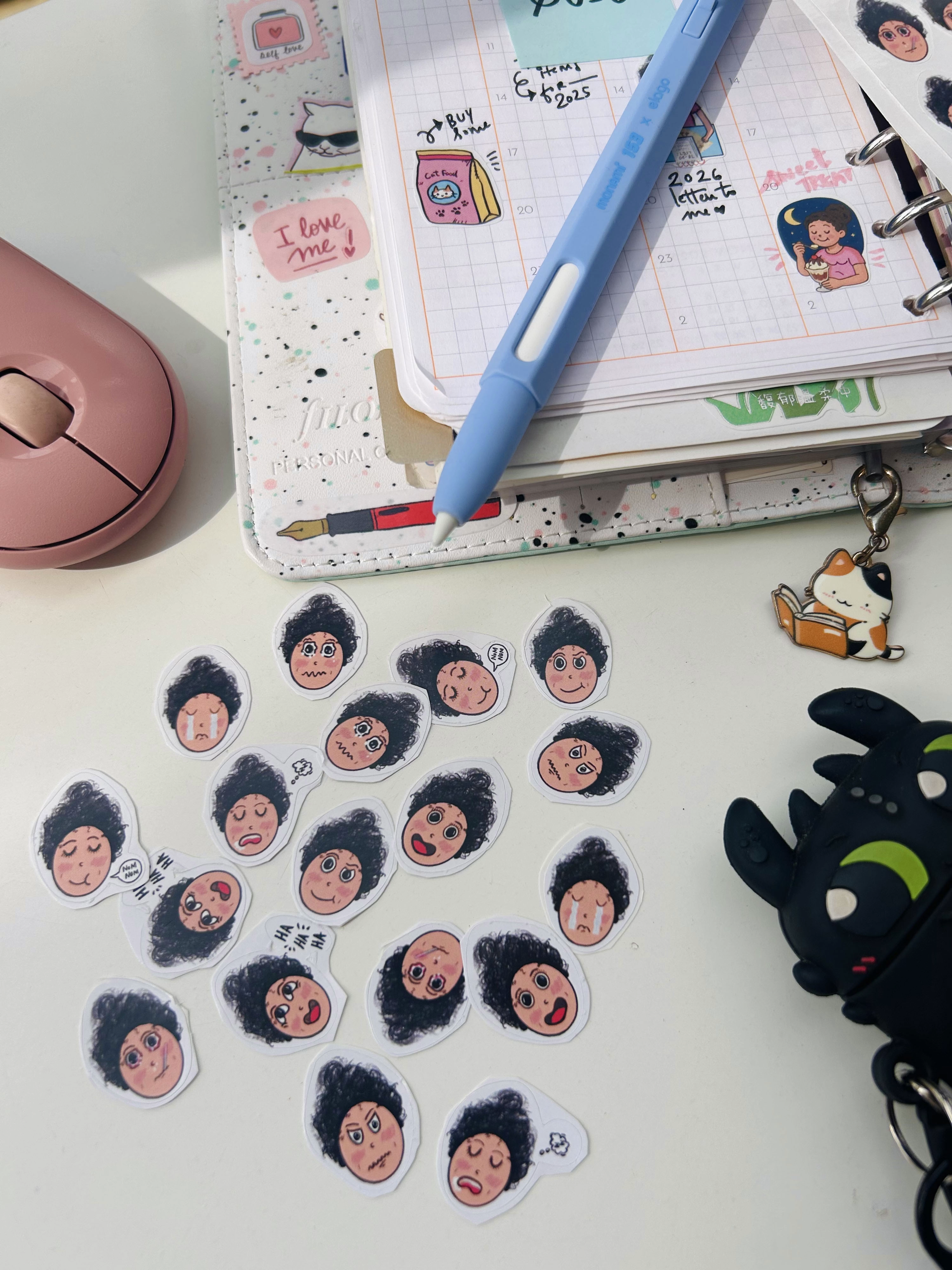 a sample pack of all the emotion stickers - happy, sad, angry, teary, laughing, smug, sleeping at curvy noodle for planners using atelier neorah and alica souza journals
